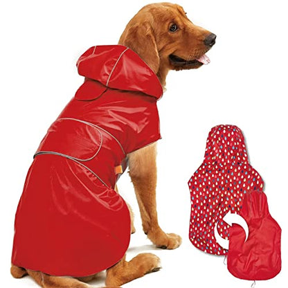 Kimee Dog Raincoat Reversible, Single Side Slicker Poncho Adjustable Waterproof Dog Rain Jacket with Leash Hole/Reflective Stripe Hooded Snowproof Windproof Clothes for Small to 3X-Large Dogs, 3XL - color: Red, size: 3X-Large