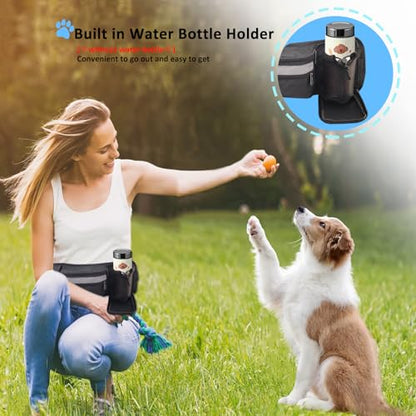 Dog Treat Pouch for Leash Waist Belt Bag, Premium Dog Treat Bag for Dogs Training Puppy Walking Fanny Pack with Divider Zipper Carrier Pocket, Water Bottle Holder, Silicone Insert,Clip,Black