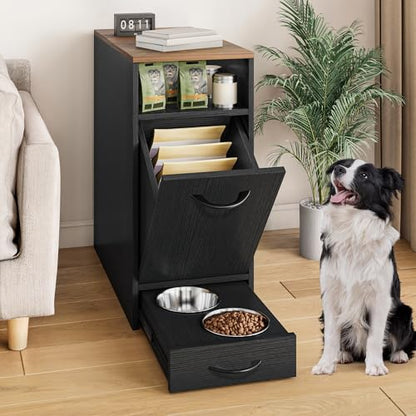 DWVO Dog Feeding Station with Storage, Dog Food Cabinet with 2 Feeder Bowls, Pull Out Elevated Dogs Bowl, Black - color: Black, size: 1 PCS