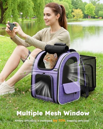 pecute Cat Backpack Expandable, Cat Carrier with Breathable Window - color: Purple, size: 12.6"L x 10.2"W x 16.5"H