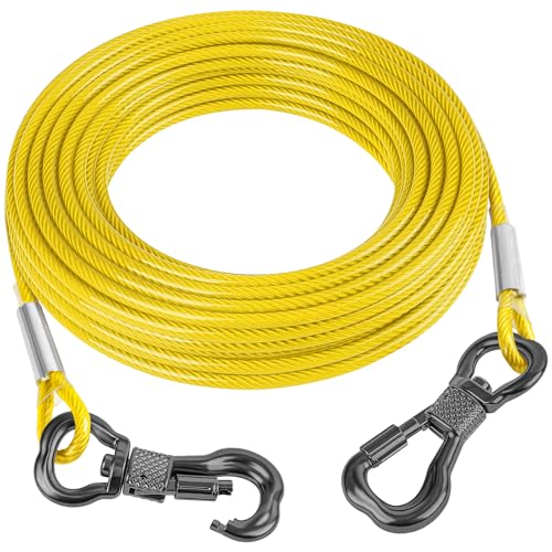 Tresbro 30FT Reflective Tie Out Cable for Dogs Up to 250 Pounds, Steel Wire Lead Leash Cable with Stainless Dual Fix Buckle, Lightweight and Enduring, Dog Chains for Outside, Yard, Camping, Yellow - color: Yellow, size: 250lbs 30FT 0.2IN