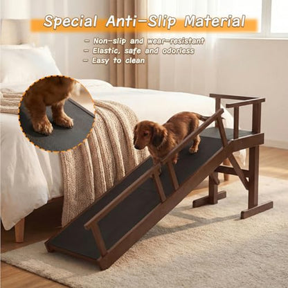 61" Dog Ramp for Bed with Rest Platform & Glow Strips, 20° Gentle Slope, EVA Non-Slip Surface, Removable Safety Rails, Birchwood Solid Wood, for Small, Large & Senior Dogs, Joint Protection, Brown - size: 61"L x 20"H x 15.7"W