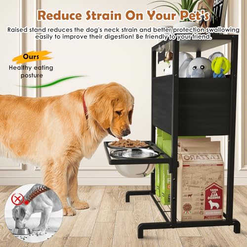 Elevated Dog Bowls: Height Adjustable Raised Dog Stand (4.5'' to 12'') 2 * 1700ml Stainless Steel Bowls + Slow Feeder, Feeding Station w/Storage Organizer & Toy Basket for Medium/Large Breeds - size: Storage Station & Adjustalbe Stand 4.5-12"
