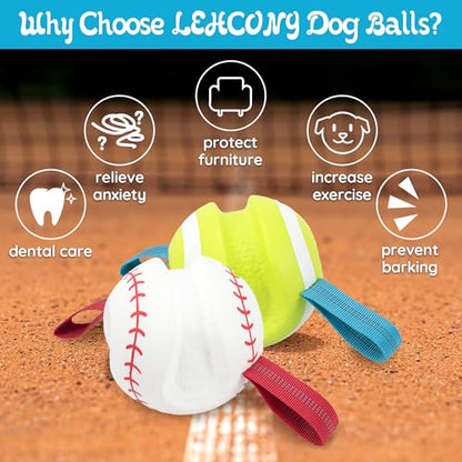 LECHONG Dog Balls with Straps for Tugging 2 Pcs, Interactive Dog Toys, Puppy Toys to Keep Them Busy, High Bouncy Balls for Dogs, Tennis Ball Base Ball Toys - color: white & green