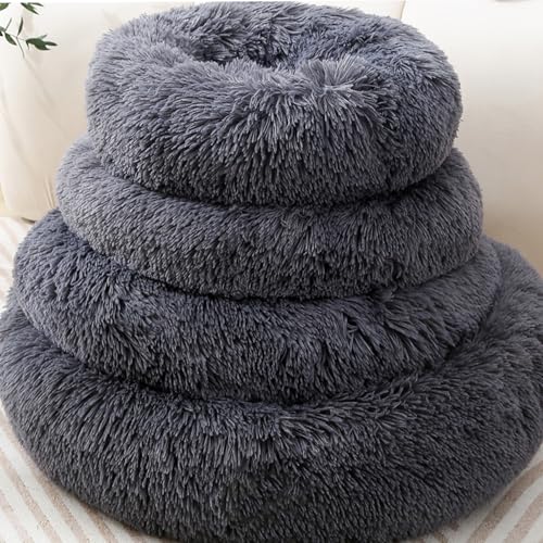 Cat Bed Plush Donut Dog Bed Fluffy Calming Pet Bed Dog Round Bed Cat Round Bed Warm Kitten Nest Rabbit Cave Kitten Bed Ideal for Small 3KG Pet - color: Dark Gray, size: 35CM