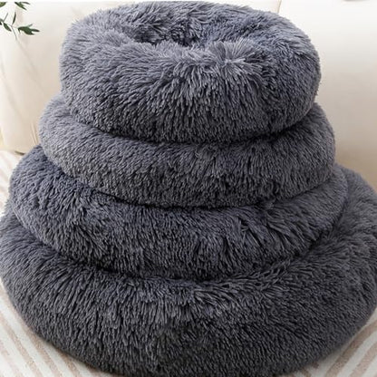 Cat Bed Plush Donut Dog Bed Fluffy Calming Pet Bed Dog Round Bed Cat Round Bed Warm Kitten Nest Rabbit Cave Kitten Bed Ideal for Small 3KG Pet - color: Dark Gray, size: 35CM