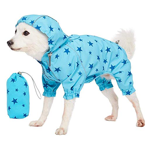 Blueberry Pet 16" Star Prints Lightweight Reflective Waterproof Dog Raincoat with Hood & Harness Hole, Blue, Outdoor Rain Gear Jacket 4 Legs for Dogs - color: 4-legged - Blue, Star Prints, size: 16 Inch