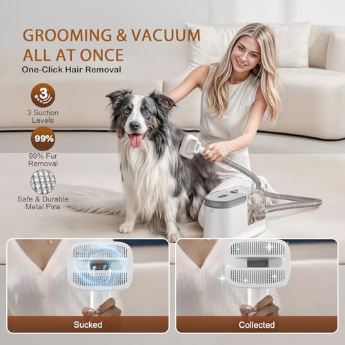 Dog Grooming Vacuum, Dog Grooming Kit, 3 Suction Modes Dog Brush Vacuum with 5 Pet Grooming Tools (Off-white) - color: Off-white