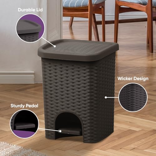 Superio Mini 6L Step Pedal Trash Can - Wicker Design, Hidden Mechanism, Durable Plastic, Ideal for Desktop, Countertop, Pet Waste/Dog Poop - Brown - color: Brown