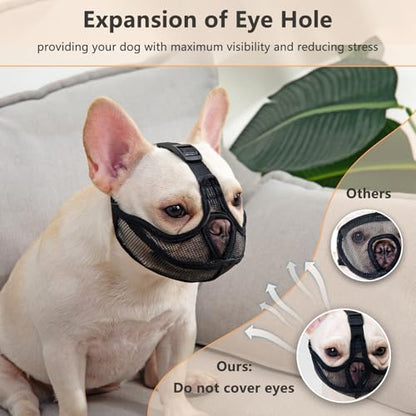 French Bulldog Muzzle with Soft Mesh, Open Eye Hole Bulldog Muzzle for Clear Vision, Anti-Biting Chewing Barking, Comfort Fit for Small Medium Dogs(S,Black) - size: S