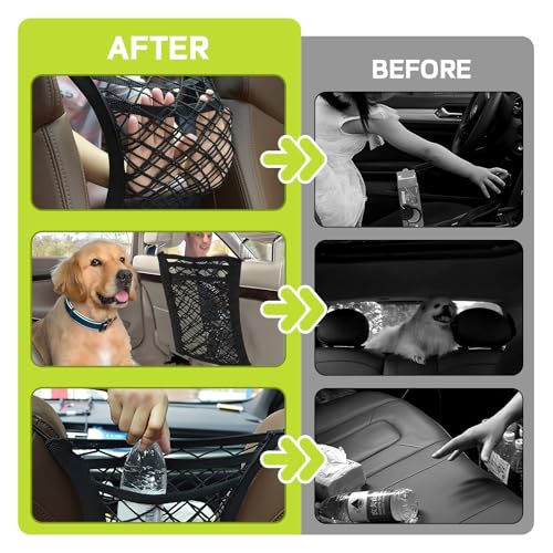 3-Layer Car Mesh Organizer, Kid Dog Pet Net Barrier Between Front Seats, Elastic Tissue Purse Holder Driver Storage Netting Pouch, Universal Stretchable Car Seat Mesh Bag