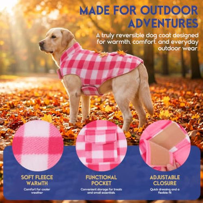 ASENKU Dog Winter Coat, Fleece Doggie Jacket Plaid Reversible Vest Waterproof Windproof Cold Weather Clothes for Small Medium Large Dogs (M, Pink) - color: Pink, size: Medium