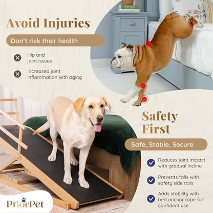 Dog Ramp for Bed with Safety Rails for High Beds up to 37" – Extra Wide 19.5" Adjustable Dog Bed Ramp for Large Dogs up to 200 lbs – Solid Birchwood, Non-Slip Rubber Surface, Foldable Design – Natural - color: Natural