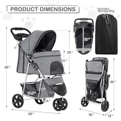 MoNiBloom 3 Wheels Pet Dog Cat Stroller for Small Medium Dogs and Cats, Lightweight Foldable Jogger Stroller w/Storage Basket and Cup Holder, Gray - color: Gray