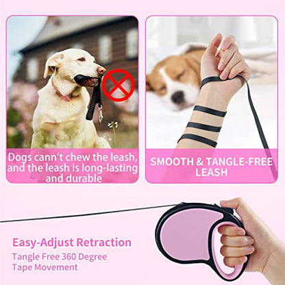 Retractable Dog Leash,[Strong Nylon Tape][One-Handed One Button Lock] for Small Medium Dogs and Cats,16ft Pet Walking Leash with 360°Tangle-Free Design,Anti-Slip Handle,Gift Package (Pink) - color: Pink