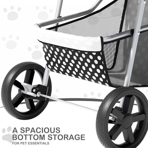 MoNiBloom 3 Wheels Pet Dog Cat Stroller for Small Medium Dogs Cats, Foldable Jogger Stroller w/Storage Basket and Cup Holder, Black Polka Dots - color: Black Polka Dots