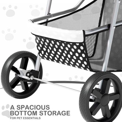 MoNiBloom 3 Wheels Pet Dog Cat Stroller for Small Medium Dogs Cats, Foldable Jogger Stroller w/Storage Basket and Cup Holder, Black Polka Dots - color: Black Polka Dots