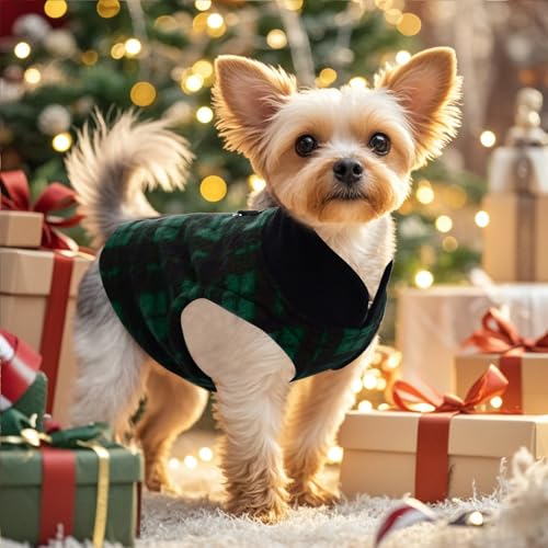 Rbenxia 1 PC Plaid Dog Sweaters with Leash Ring Soft Fleece Vest Dogs Pullover Warm Jacket Pet Dogs Clothes Winter Dog Outfits for Small Puppy Cat Pets (Green and Black, Large) - color: Green and Black, size: Large