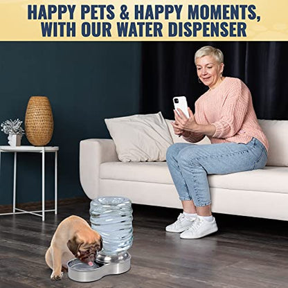 Dog Water Bowl Dispenser - Automatic Slow Refilling System Keeps Stainless Steel Drinking Dish Filled - Refillable 3 Liter Bottle, Non-Skid Feet - Clean, Safe, & Fresh Drink for Pet Dogs