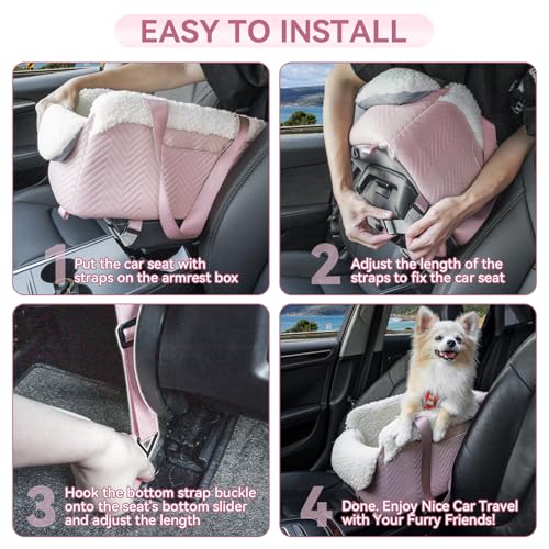 PETSFIT Cat Car Seat, Portable Console Dog Car Seat with Safe Protective Hooks, Luxury Pet Car Seat Includes Safety Leash and Storage Pocket for Pets Up to 9 lbs (Pink) - color: Pink