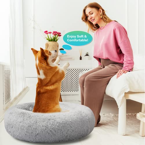 SAVFOX 45 inches Calming Donut Dog Bed - 3X Durable Plush Faux Fur, Machine Washable & Non-Slip, Fits up to 150 lbs, Light Grey - color: Light Grey, size: X-Large | 45"x45"