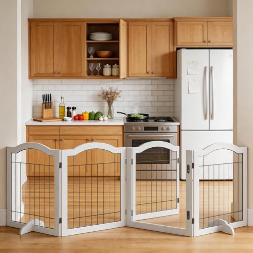 Vantas 96 x 30 inches Foldable Wooden Pet Gate with Door, White | Walk-Through Easy, Freestanding, Extra Wide, Easy Storage, Easy to Move - color: White, size: 【4-Panel with Door】96"W x 30"H