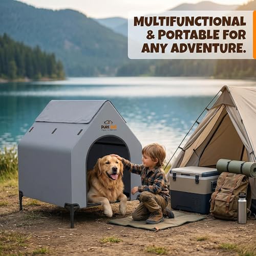 Outdoor Dog House with Roof Canopy Elevated Bed with Mesh Windows 41X24X17cm/5.7kg - Weatherproof Dog Shelter for Medium Breeds - Ideal Dog House Outdoor (Grey, Large)