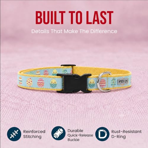 THE WORTHY DOG Spring Holiday Easter Eggs Dog Collar – Durable Nylon, Woven Ribbon, Quick-Release Buckle, Nickel D-Ring – Blue, X-Small - color: Easter Eggs - Blue, size: X Small
