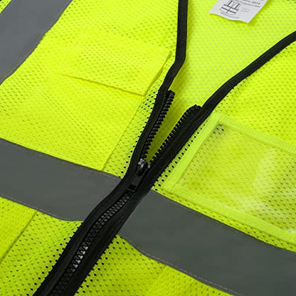 5 Pockets High Visibility Reflective Safety Vest,Zipper Front, Meets ANSI/ISEA Standards - color: Yellow-mesh, size: XX-Large