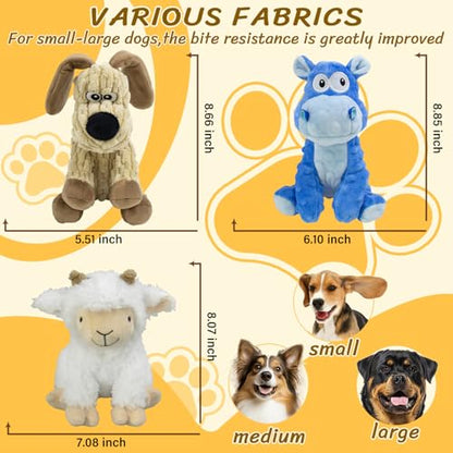 3 PCS Squeaky Stuffed Dog Toys，Plush Dog, Sheep, Hippo Shape Dog Toy， Indoor&Outdoor Playing Dog Toys to Keep Them Busy, Chew Toys for Large Medium Small Puppies - color: Khaki,White,Blue