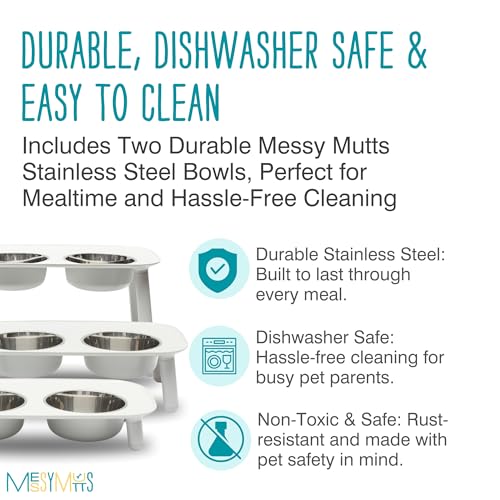 Messy Mutts Elevated Double Feeder with Stainless Bowls | Adjustable Height 3”, 5”, or 10” | Adjustable Standing Feeder for Dogs | 5 Cups per Bowl | Light Grey - color: Light Grey