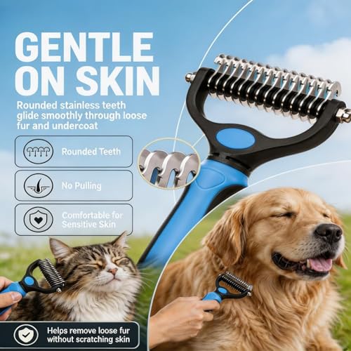 2-In-1Pet Hair Brush - Double-Sided Deshedding Dematting Tool, Undercoat Rake for Dogs & Cats, Extra-Wide Dog Grooming Brush & Deshedder Comb for Long Hair (Blue)