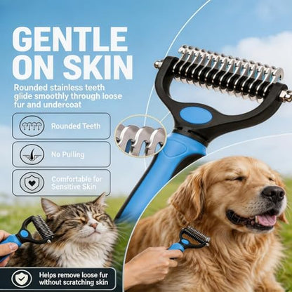 2-In-1Pet Hair Brush - Double-Sided Deshedding Dematting Tool, Undercoat Rake for Dogs & Cats, Extra-Wide Dog Grooming Brush & Deshedder Comb for Long Hair (Blue)
