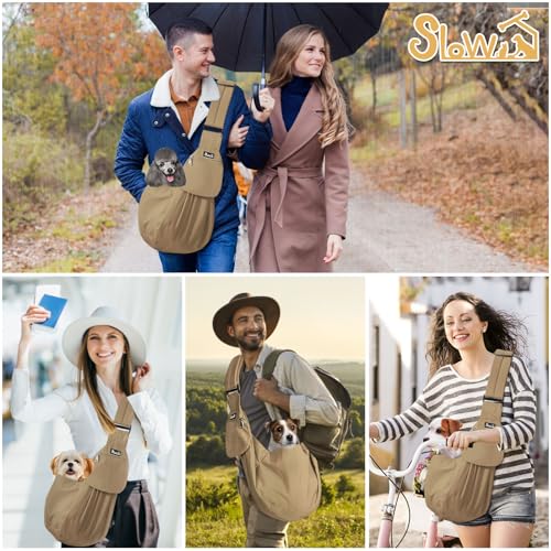 SlowTon Dog Carrier Sling - Thick Padded Shoulder Strap Adjustable Dog Carriers for Small Dogs, Puppy Carrier Purse for Pet Cat with Front Zipper Pocket Safety Belt Machine Washable (BRN, M) - color: L-Brown Water-Resistant