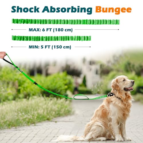 PetBonus Heavy Duty Tactical Dog Leash, 5 FT Bungee Shock Absorption Leash with 2 Padded Handles, Quick Release Metal Clip, Car Seatbelt, No Pull Training Lead for Large Medium Dogs（Grass Green） - color: Grass Green