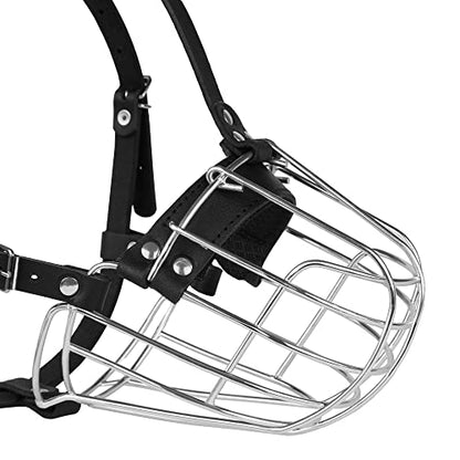 Pitbull Dog Muzzle Metal Mask Amstaff Secure Wire Basket Adjustable Durable Leather Straps for Large Dogs (Steel) - color: Steel