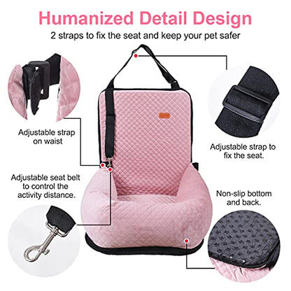 Dog Car Seat for Small Medium Dogs Up to 40lbs, Detachable Washable Soft Pet Booster Travel Bed for Front & Pink Seat with Safety Leash Belt - color: Pink