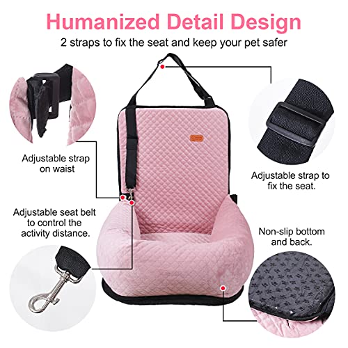 Dog Car Seat for Small Medium Dogs Pet Up to 40 lbs Pink | Detachable Washable, Soft Pet Booster Travel Bed for Front & Seat with Safety Leash Belt - color: Pink