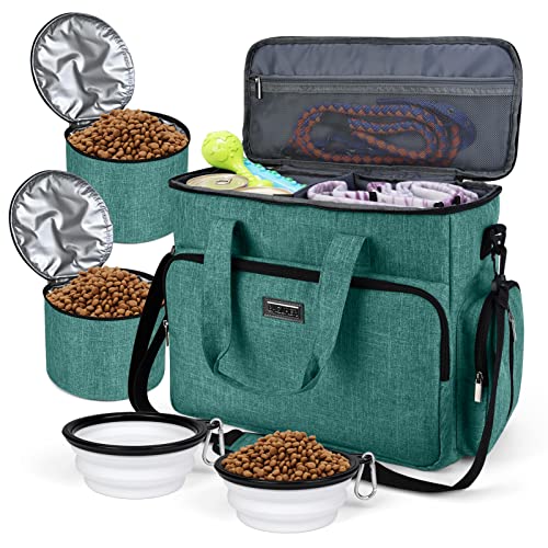 BAGLHER Dog Travel Bag, Airline Approved Pet Tote Organizer with Multi-Function Pockets, 2 X Food Storage Containers and 2 X Collapsible Bowls, Perfect Weekend Pet Travel Set for Dog, Cat Green - color: Green, size: Large