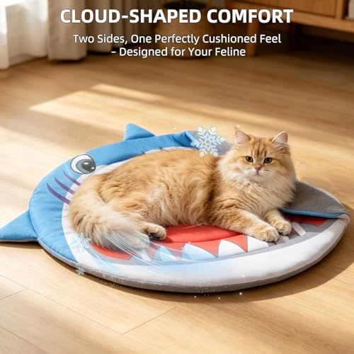 PUPTECK Cat Cooling Mat, 23.6”x23.6” Reversible Cooling & Warm Cat Sleeping Blanket Pad, Soft & Comfortable Summer Pet Cool Thicken Bed for Kittens Small Dogs, Blue Shark