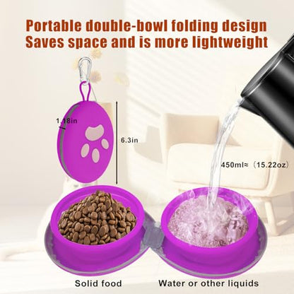 Collapsible Dog Bowl 2-in-1 Travel Portable Silicone Carabiner,Purpie | food & water use, folds flat, compact storage, camping, hiking, everyday walks, carabiner clip included - color: A-Purpie