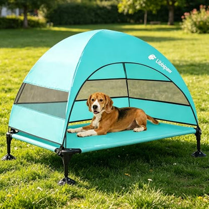 Windproof Elevated Dog Bed with Canopy & Stakes, 3-Sided 90% UV Block, Chew-Proof Teslin Mesh Mat for Large Dogs up to 150lbs(Blue Large) - color: Blue, size: Large