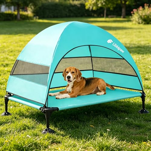 Windproof Elevated Dog Bed with Canopy & Stakes, 3-Sided 90% UV Block, Chew-Proof Teslin Mesh Mat for Large Dogs up to 150lbs(Blue Large) - color: Blue, size: Large