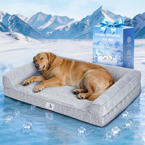 Cooling Dog Bed for Large Dogs, Orthopedic Dog Bed with Pillow Memory Foam Waterproof Couch Removable Cover Washable Nylon Pet Sofa with Non Slip Bottom Indoor Outdoor (42" Grey) - color: Frosted Grey, size: 42x30x7inch