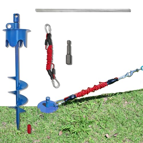 Dog Stakes for Outside Heavy Duty Hold up to 350Lbs Large Dogs Tie Out Tether Leash Chain for Yard Screw in Ground Anchors 17inch with Buffer Rope, Blue - color: Blue, size: 17IN (Only Stake)