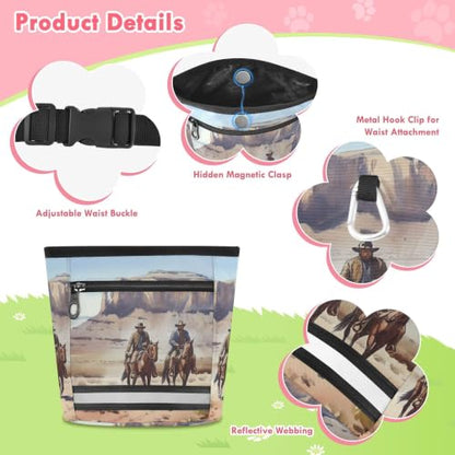 Western Desert Cowboy Water-Resistant Dog Treat Pouch, 3 Ways to Wear Treat Bag with Magnetic Closure & Reflective Strip, Hands-Free for Pet Training, Walking