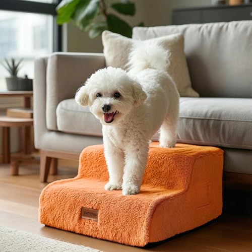 PETNOVO Ultra-Soft Faux Fur Dog Stairs for Couch and Sofa, 2-Step Dog Steps for Small Dogs, Non-Slip Foam Pet Stairs, Washable Cover, 15.7" D x 15.7" W x 11.8" H, Orange - color: Orange, size: 15.7"D x 15.7"Wx 11.8"H