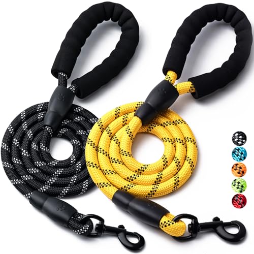 2 Pack Dog Leash, 4/5//6 FT Heavy Duty Nylon Rope Pet Leashes with Comfortable Padded Handle, Reflective Dog Leashes for Small Medium and Large Dogs (4FT-1/2,Black/Yellow) - color: 2PCS-Black+Yellow, size: 1/2"x 4 FT (18~120 lbs.)