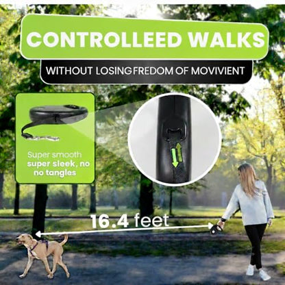 Retractable Dog Leash for Small and Medium Dogs, 3 in 1 Kit with Waste Bag Dispenser & Rope Toy, Controlled Walking Leash