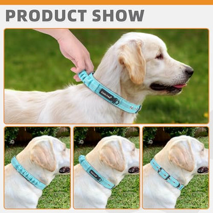 KOOLTAIL Heavy Duty Dog Collar with Handle for Large Dogs, Ballistic Nylon Collar for Training Control, Soft Padded Thick Wide Reflective Dogs Collar with Adjustable Metal Buckle for Walking, Green L